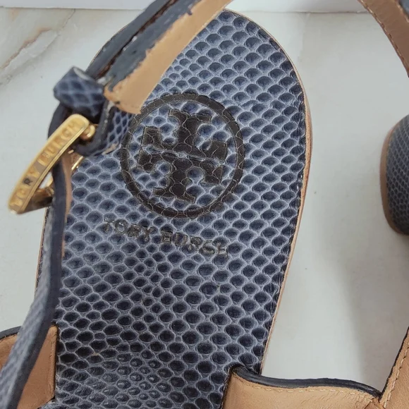 Tory Burch Navy Snake Print Leather Studded T-strap Block Heel Sandals, 10.5 - Picture 7 of 15